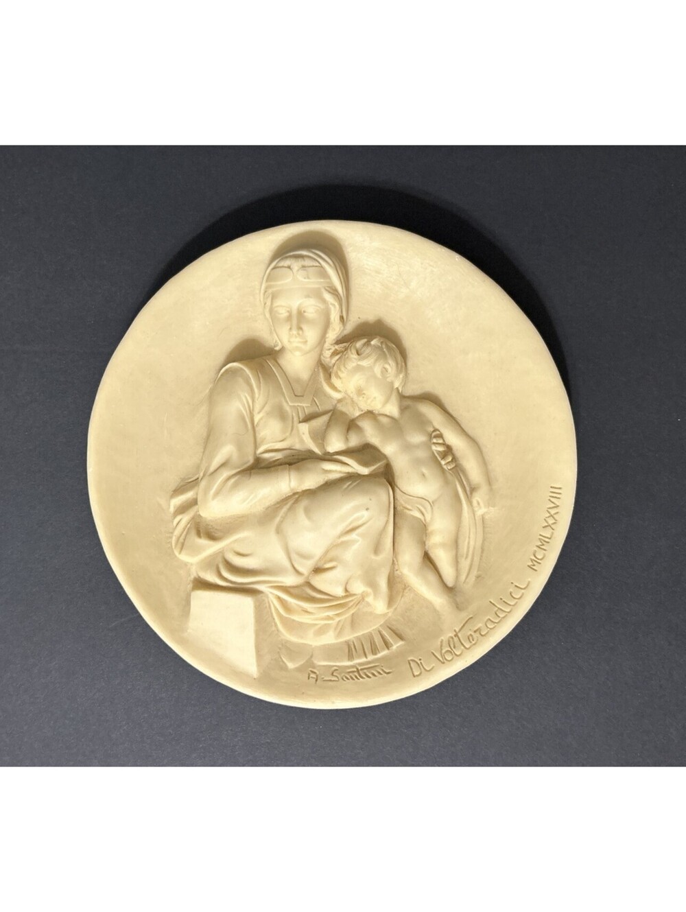 Madonna Pensosa Di Voltezadic Bas Relief Plate A. Santini Made In Italy Vintage